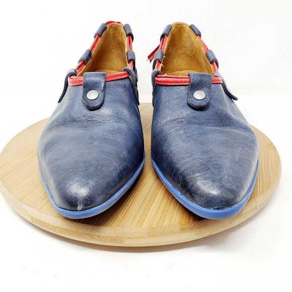 John Fluevog Vigor Shoes Womens 7.5 Slip On Blue Red Power Up Stud Lacing Flats - Picture 3 of 11